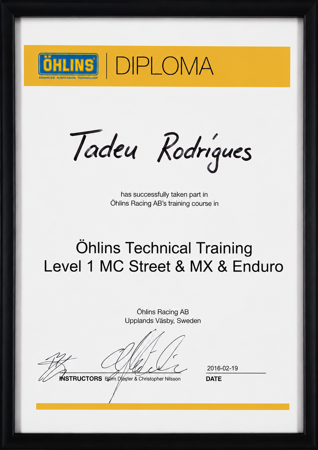 Certificado Öhlins Technical Training