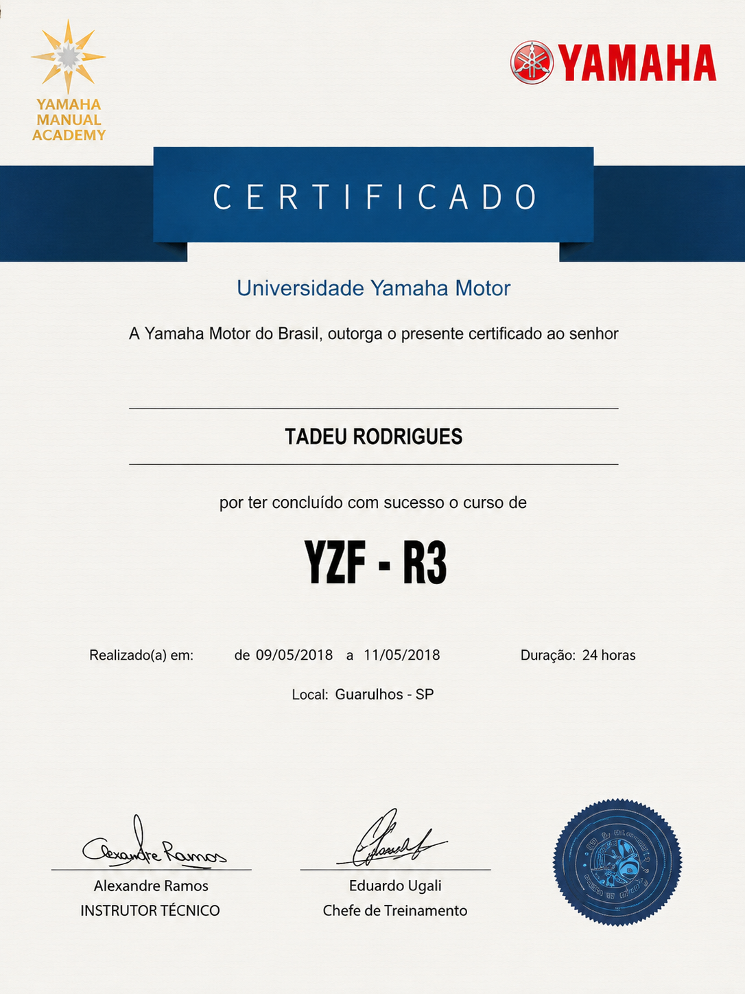 Certificado Yamaha YZF-R3