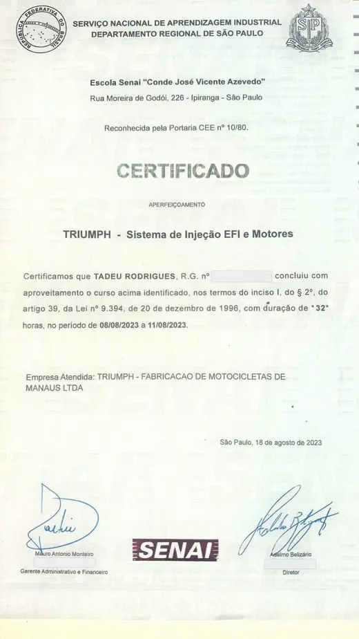 Certificado Triumph Sistema de Injeção EFI e Motores — SENAI / Triumph