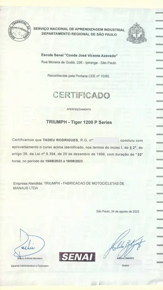Certificado Triumph Tiger 1200 P Series — SENAI / Triumph